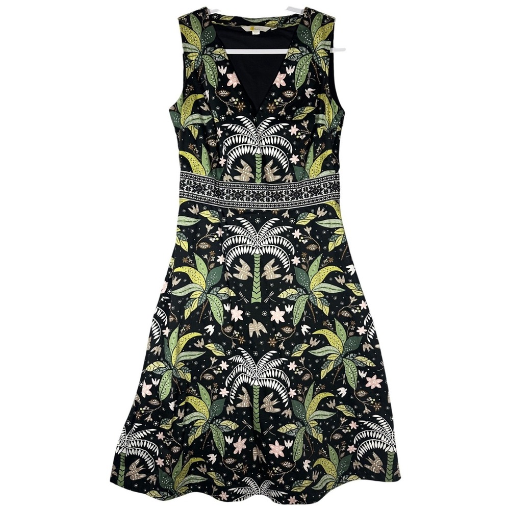 BODEN Palm Tree Bird Tropical Cotton Fit & Flare Midi Dress Sz 6 Black Stretch